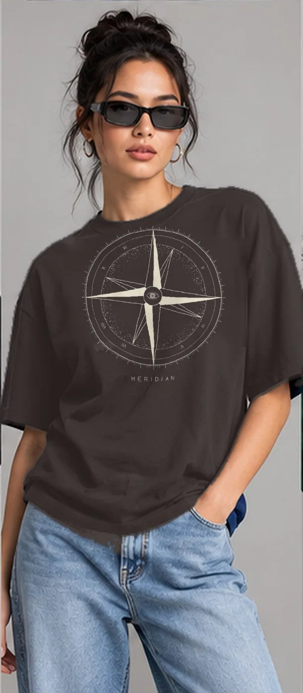 Model wearing the Oztra Meridian tee in charcoal