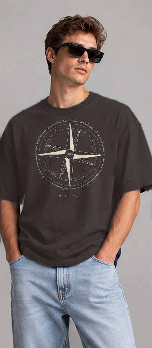 Model wearing the Oztra Meridian tee in charcoal