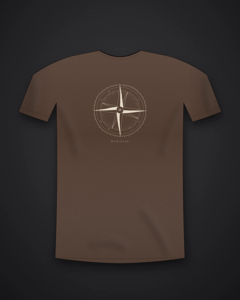 Oztra Meridian coffee brown tee, front view showing the Meridian print