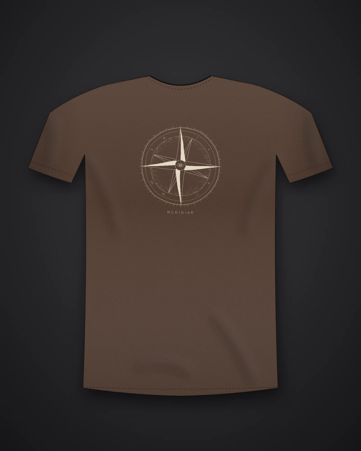 Oztra Meridian coffee brown tee, front view showing the Meridian print