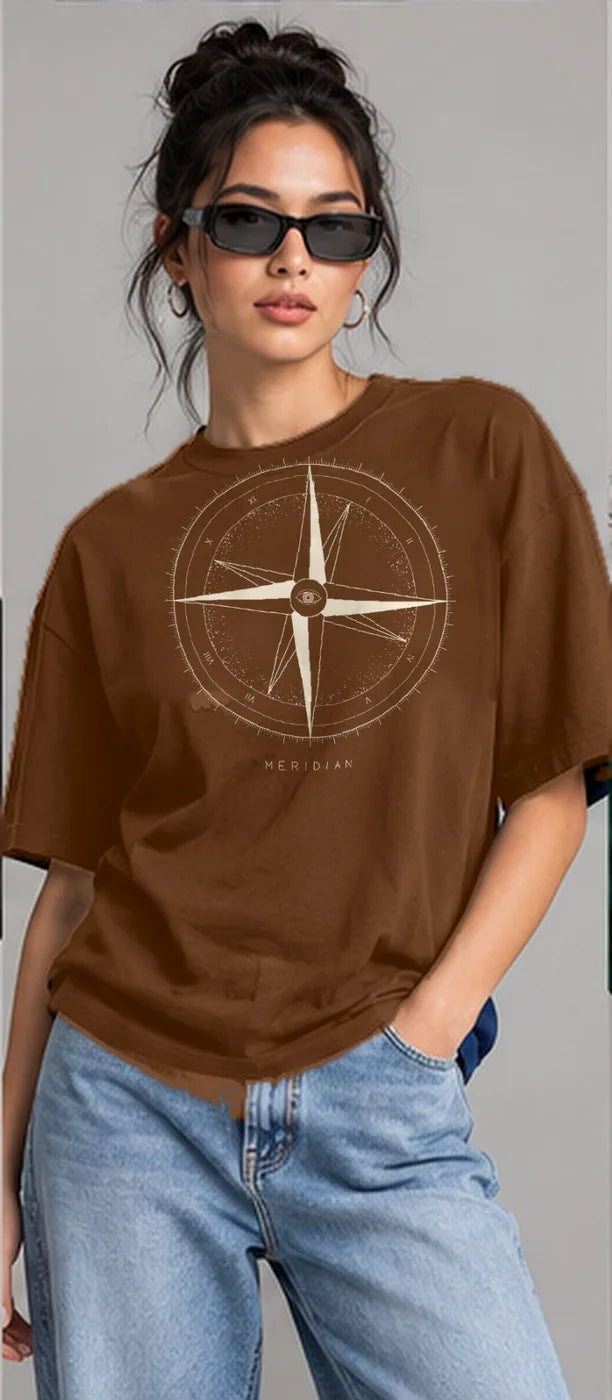 Model wearing the Oztra Meridian tee in coffee brown