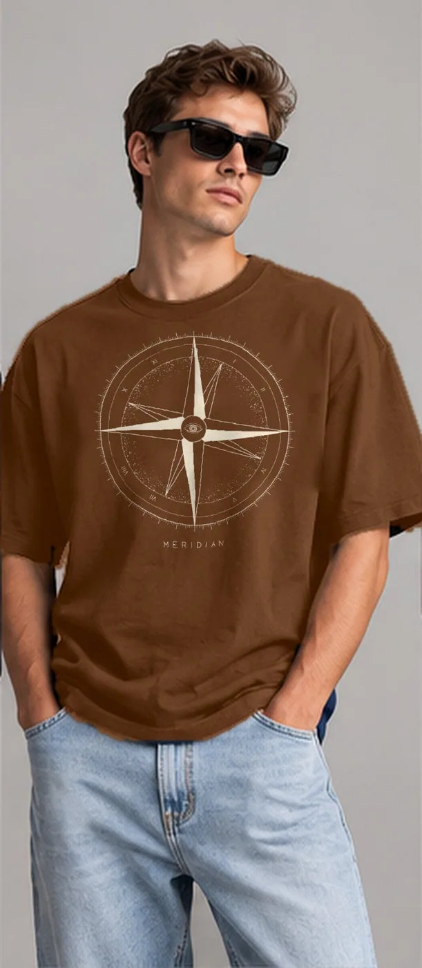 Model wearing the Oztra Meridian tee in coffee brown