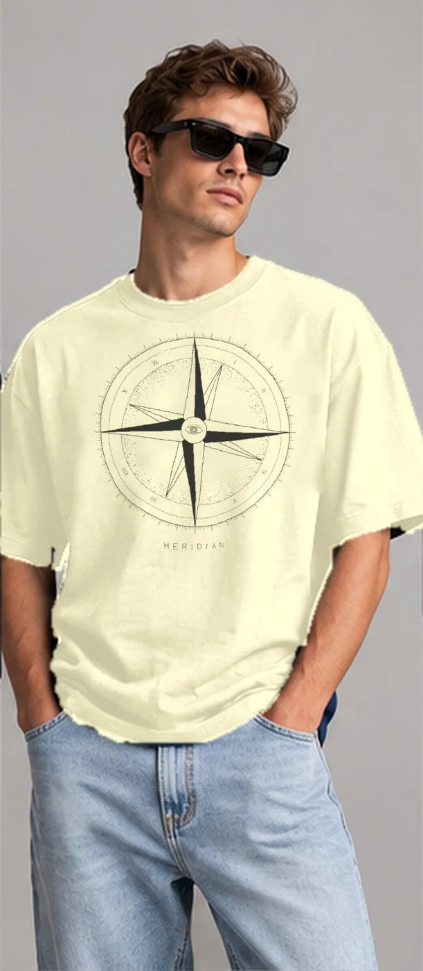 Model wearing the Oztra Meridian tee in cream