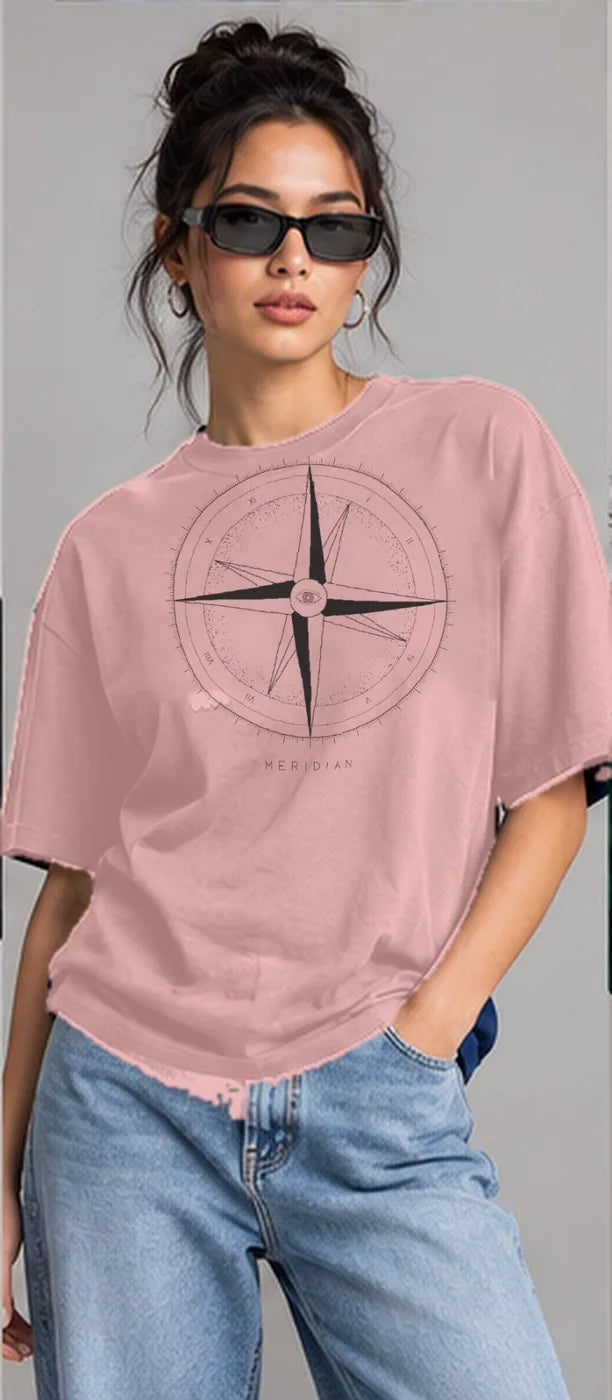 Model wearing the Oztra Meridian tee in dusty pink
