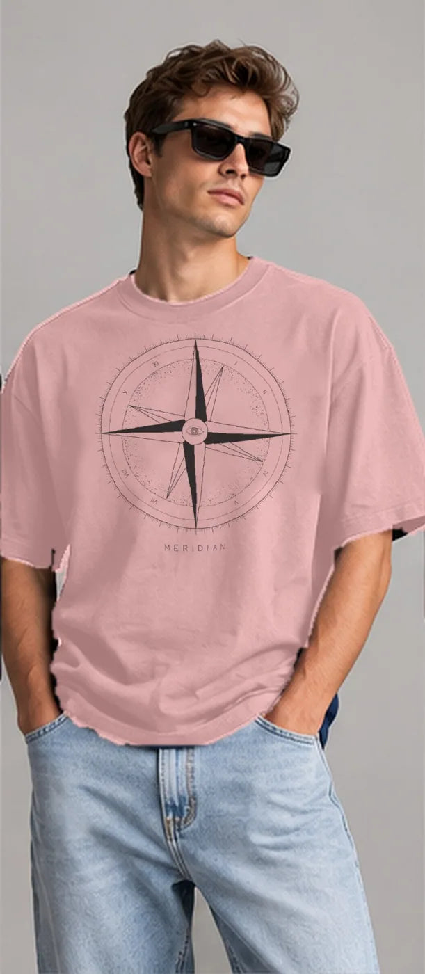 Model wearing the Oztra Meridian tee in dusty pink