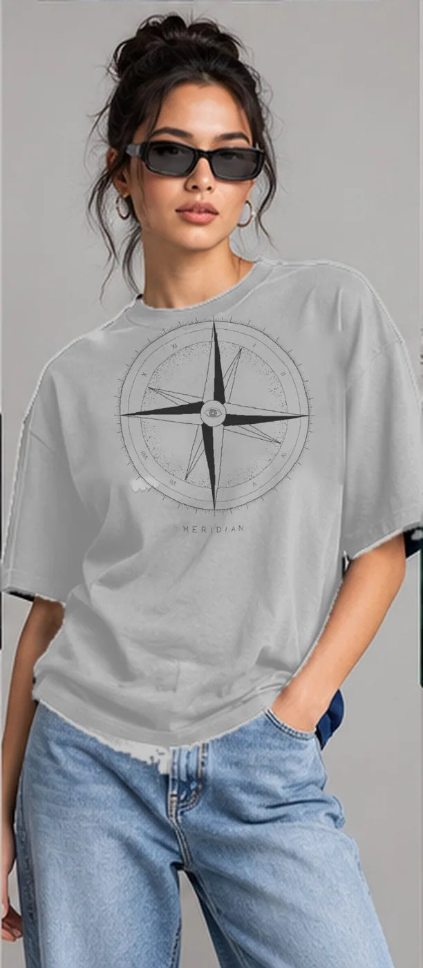 Model wearing the Oztra Meridian tee in grey melange