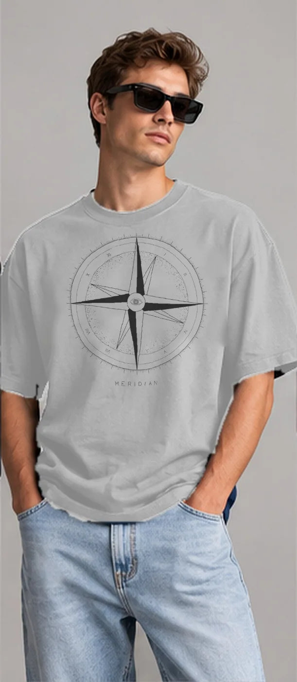 Model wearing the Oztra Meridian tee in grey melange