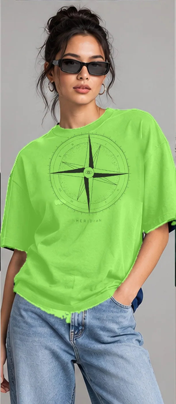 Model wearing the Oztra Meridian tee in lime green