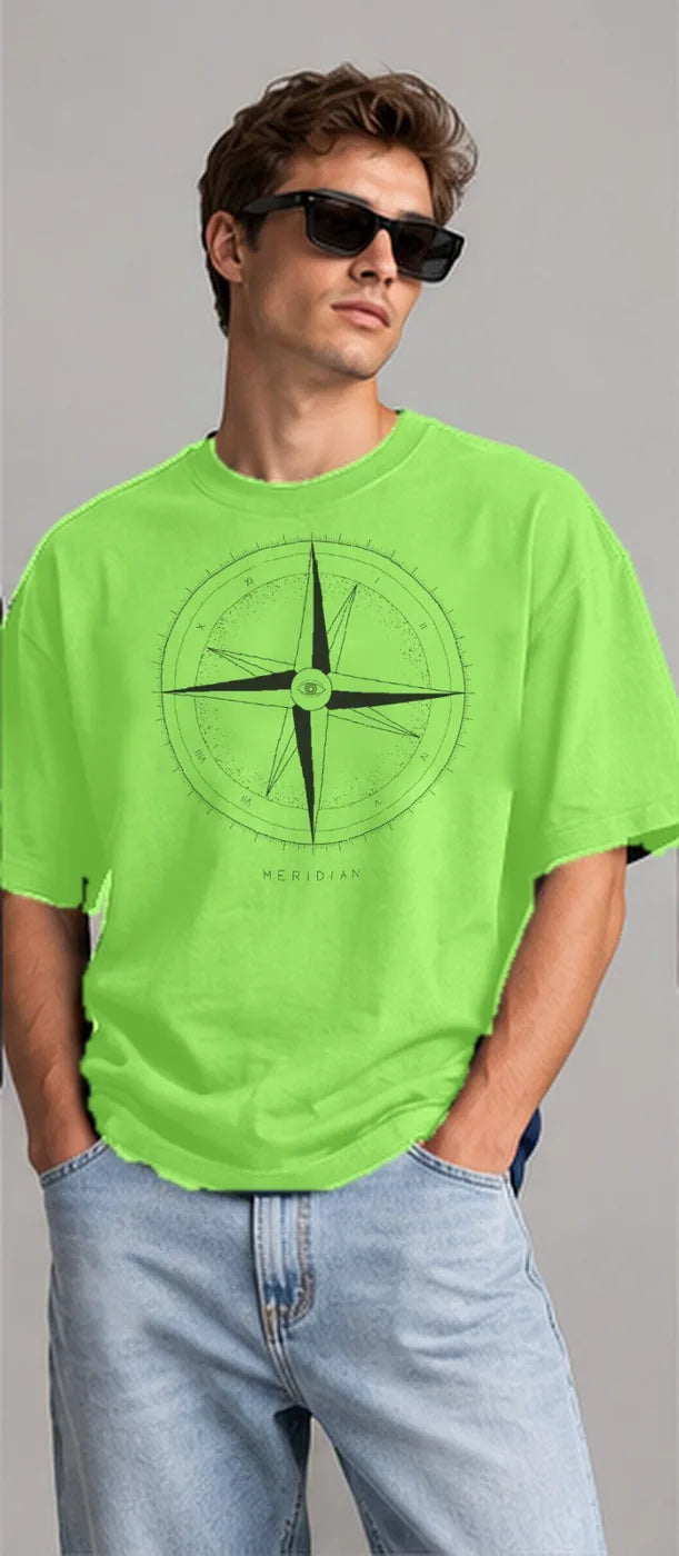 Model wearing the Oztra Meridian tee in lime green