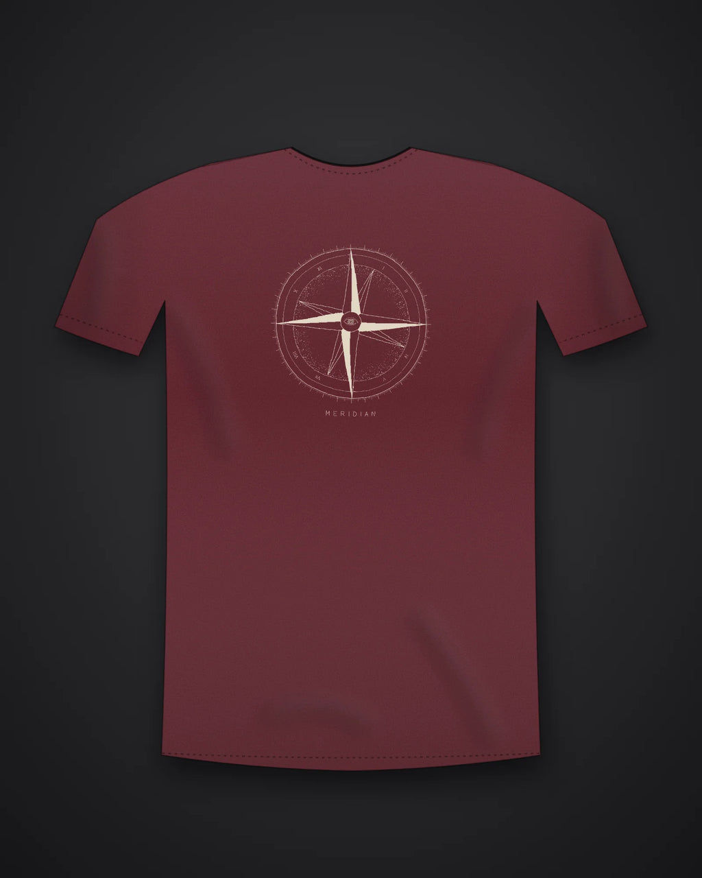 Oztra Meridian maroon tee, front view showing the Meridian print