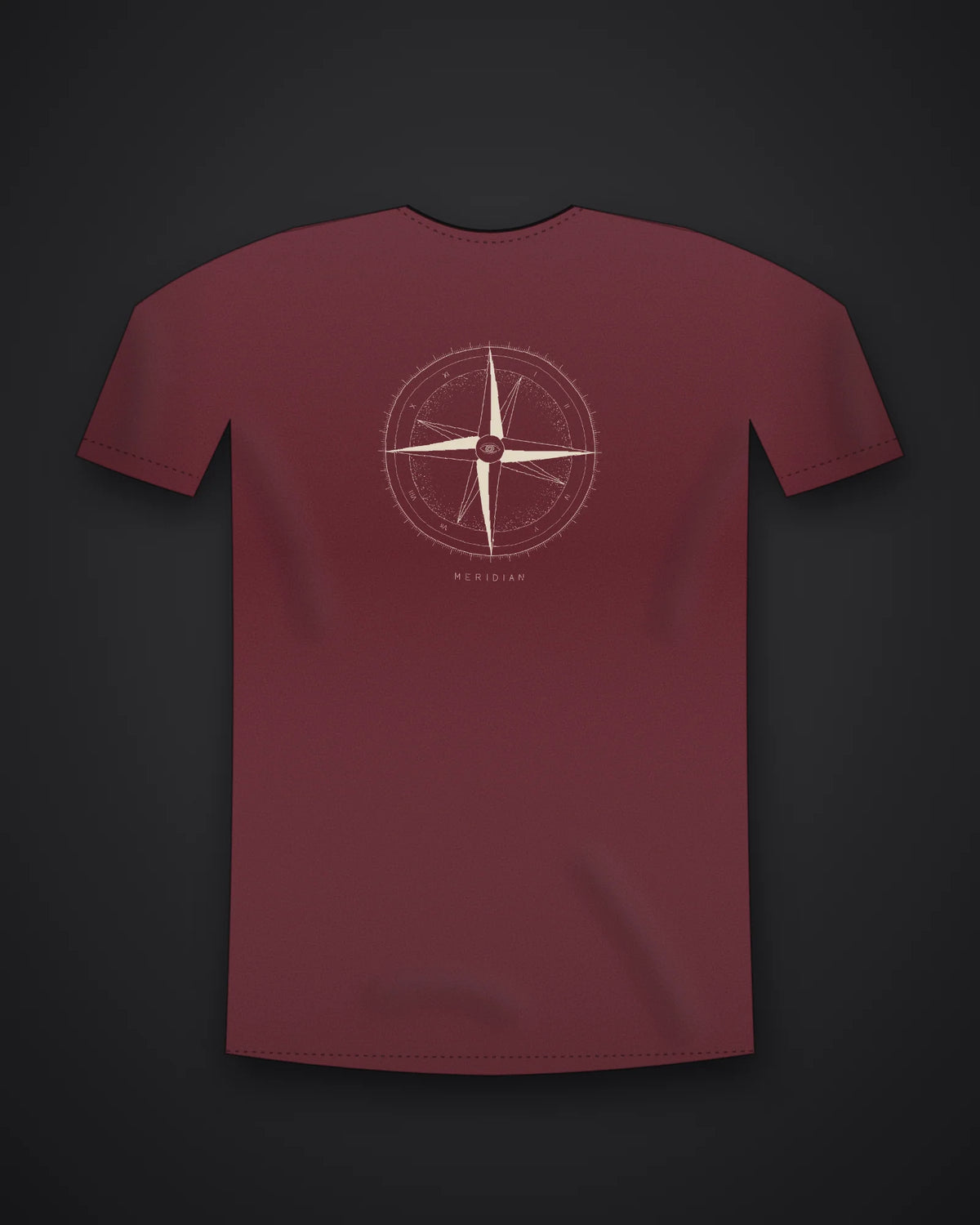 Oztra Meridian maroon tee, front view showing the Meridian print