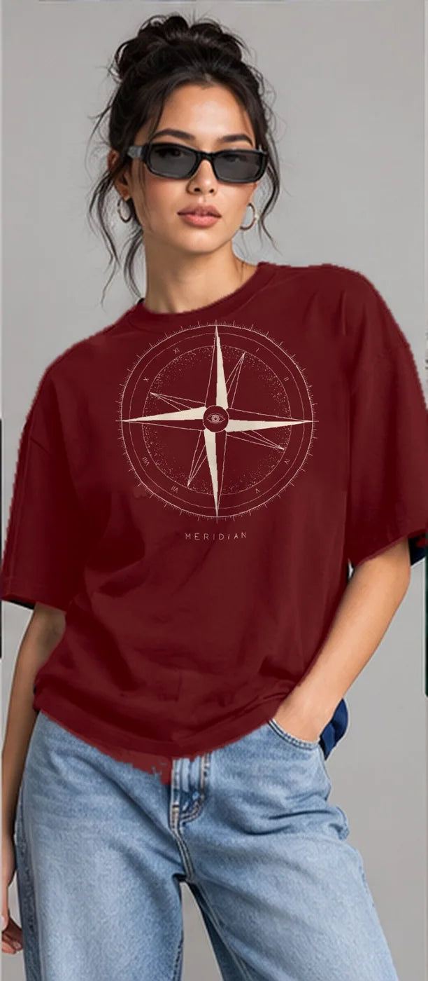 Model wearing the Oztra Meridian tee in maroon
