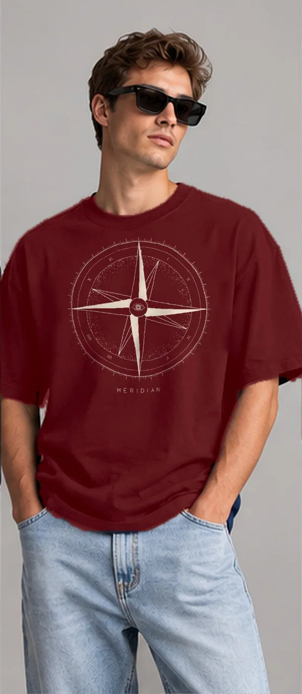 Model wearing the Oztra Meridian tee in maroon