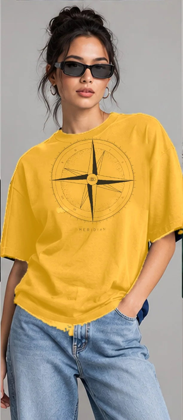 Model wearing the Oztra Meridian tee in mustard