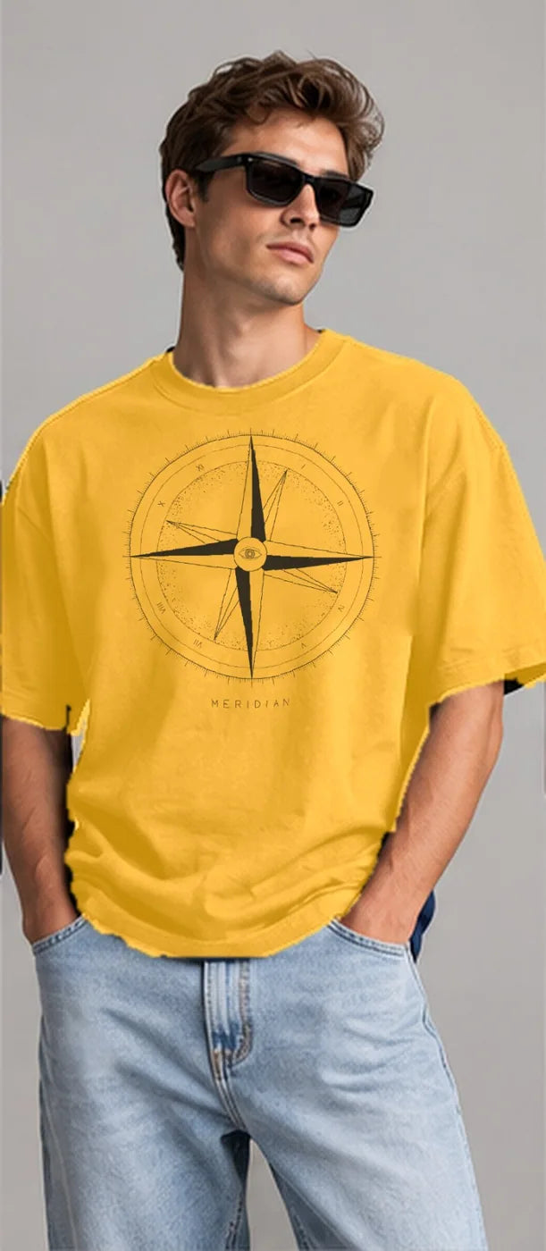 Model wearing the Oztra Meridian tee in mustard