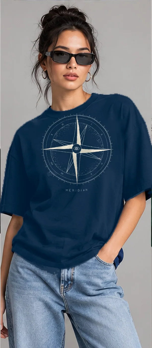 Model wearing the Oztra Meridian tee in navy