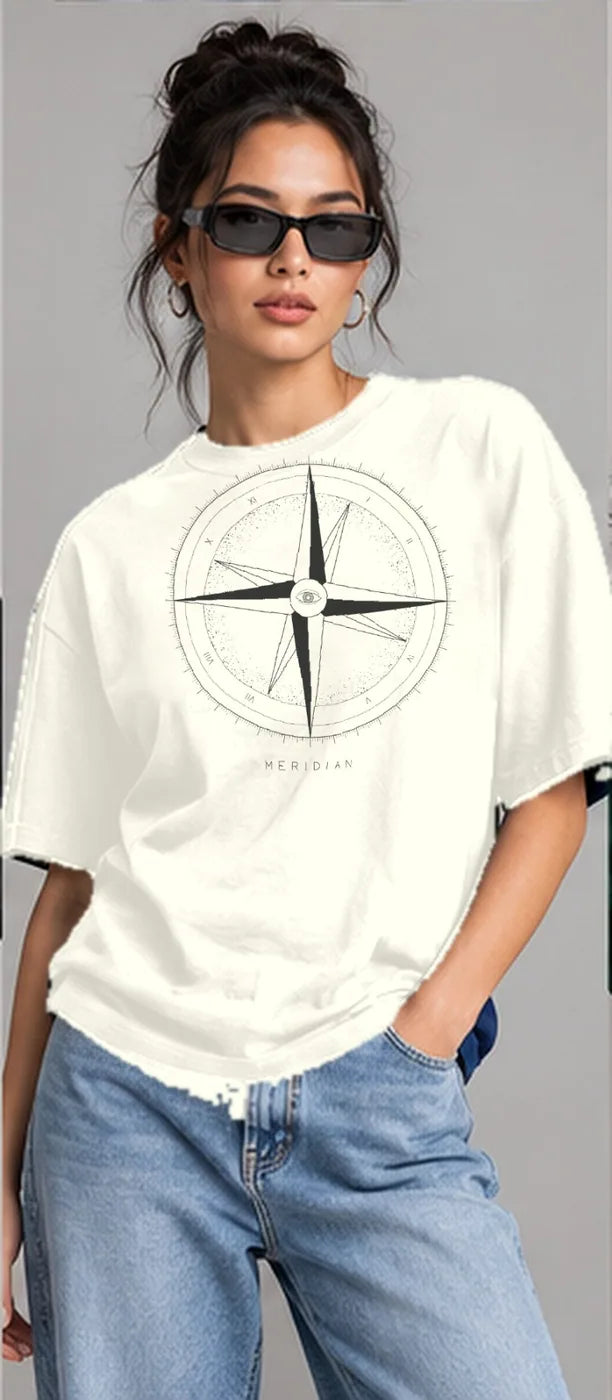 Model wearing the Oztra Meridian tee in off white
