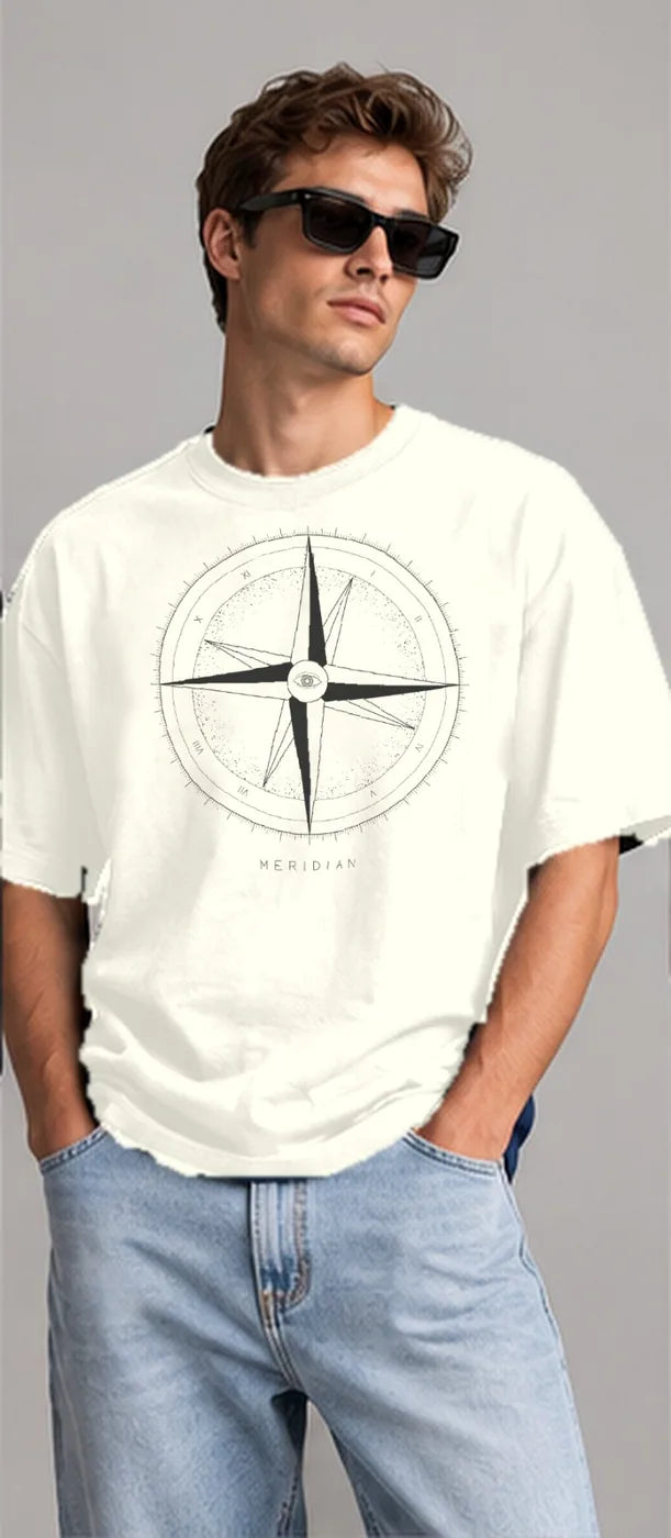 Model wearing the Oztra Meridian tee in off white