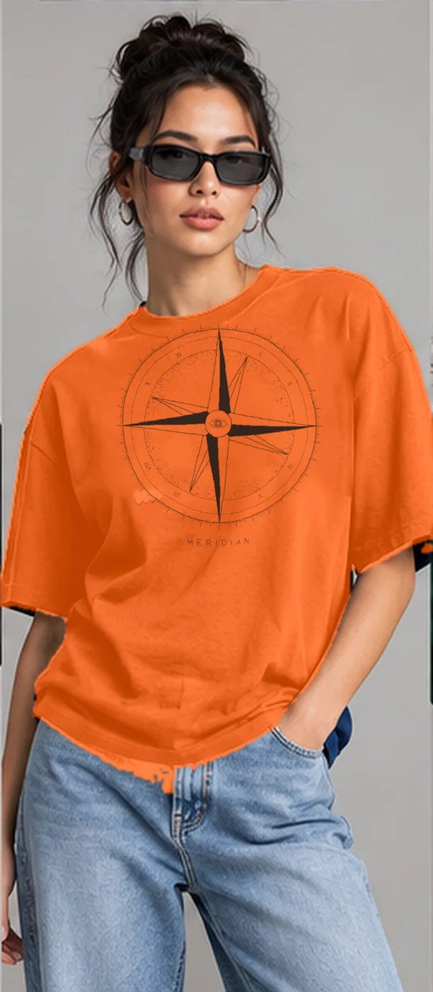 Model wearing the Oztra Meridian tee in orange
