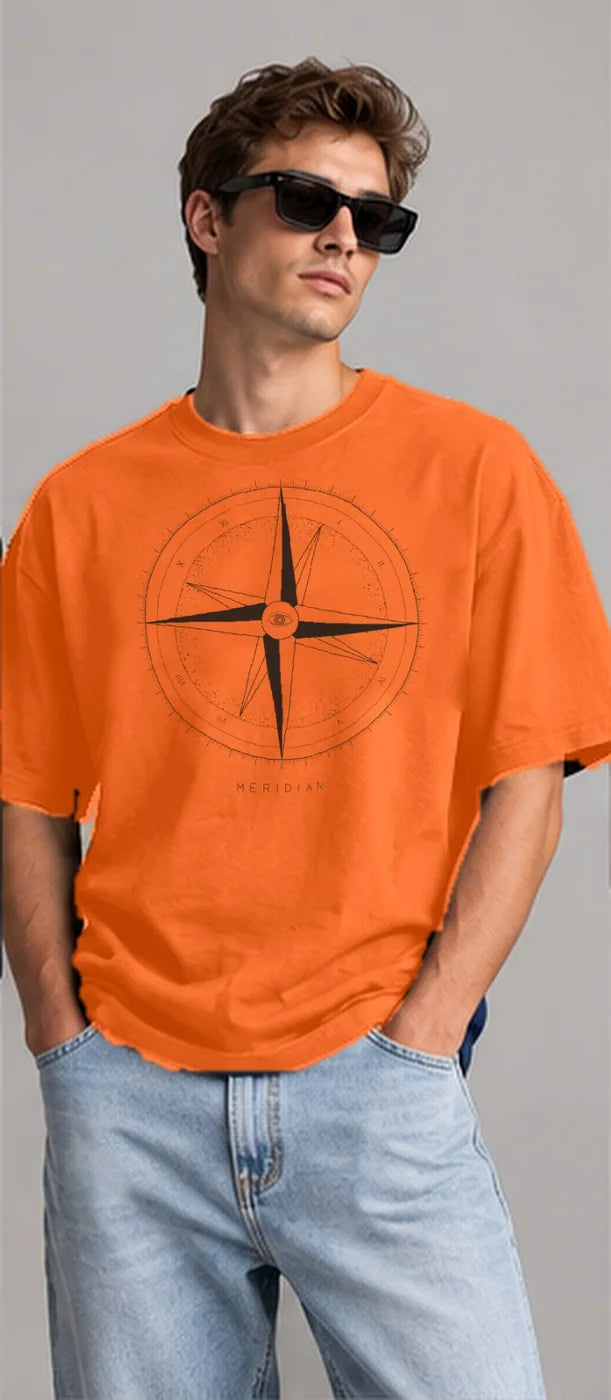 Model wearing the Oztra Meridian tee in orange