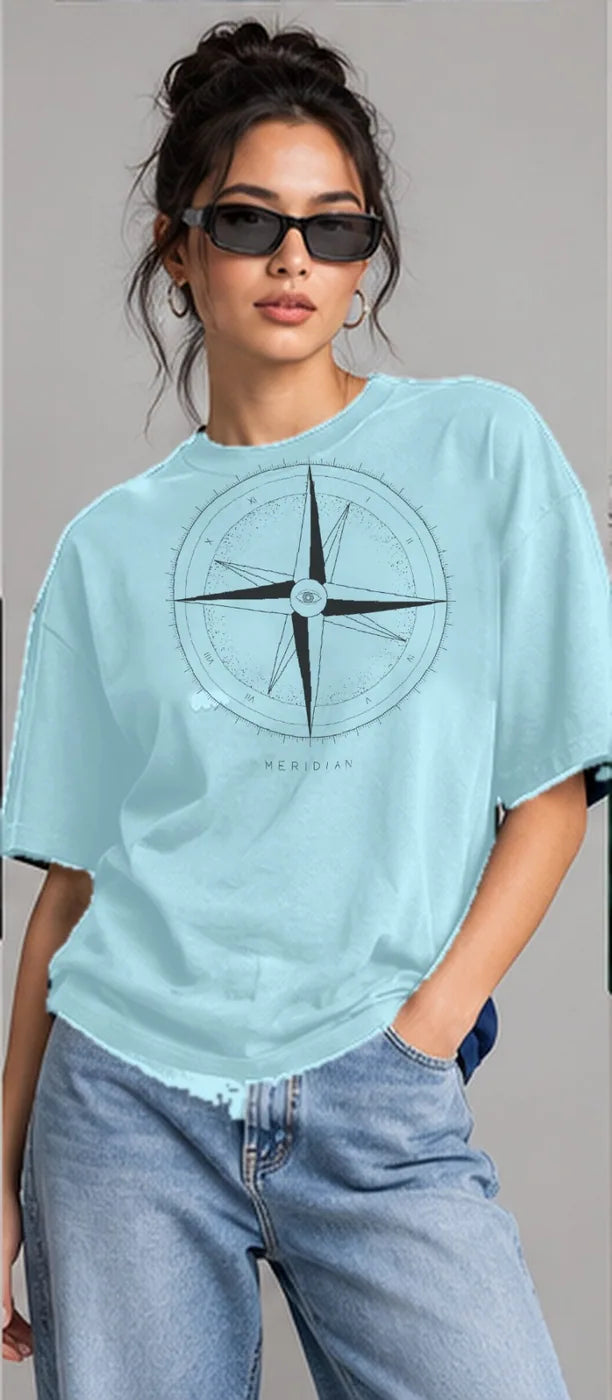 Model wearing the Oztra Meridian tee in powder blue