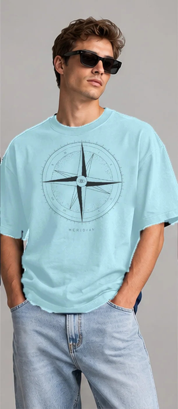 Model wearing the Oztra Meridian tee in powder blue