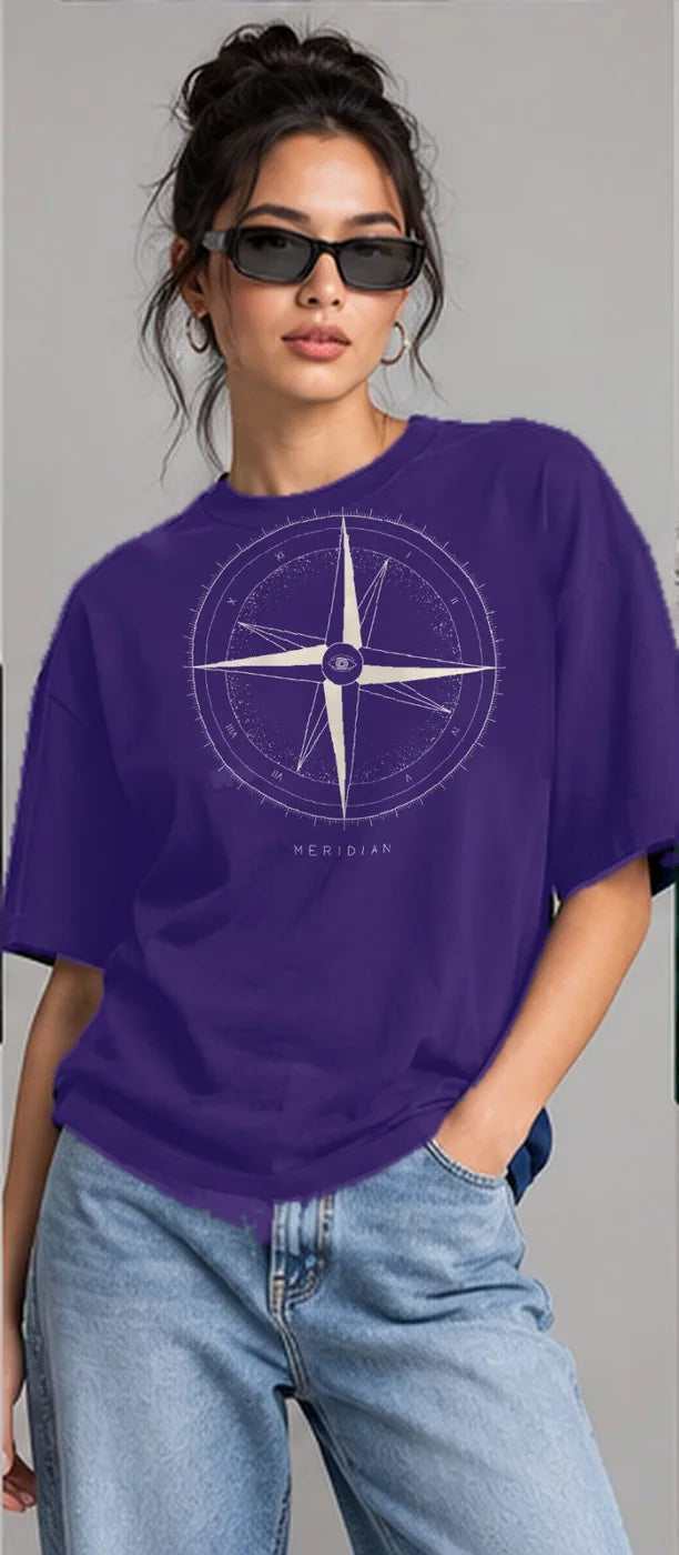 Model wearing the Oztra Meridian tee in purple