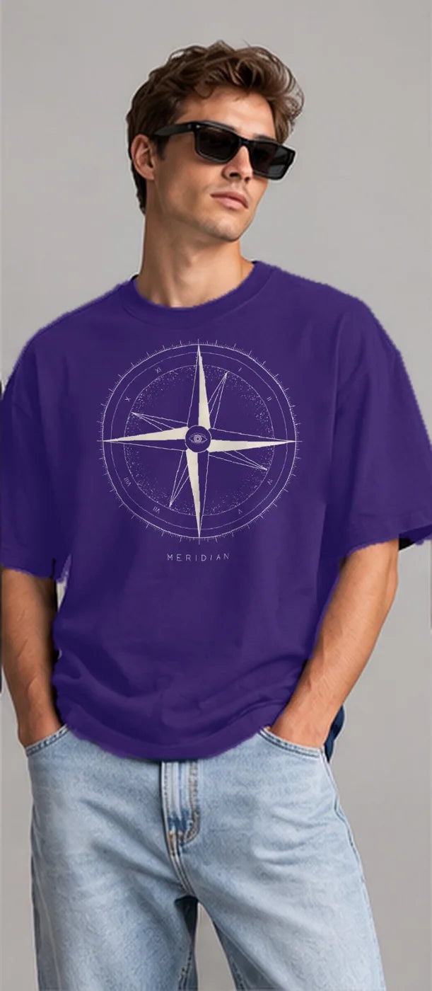 Model wearing the Oztra Meridian tee in purple