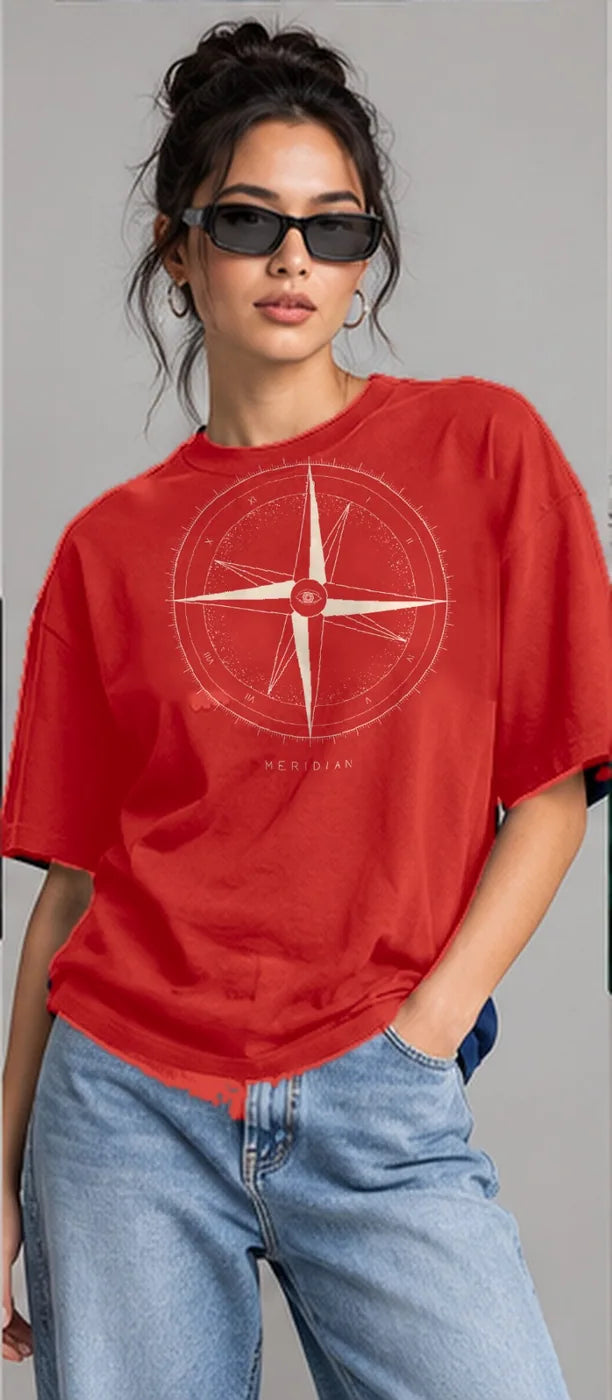 Model wearing the Oztra Meridian tee in red