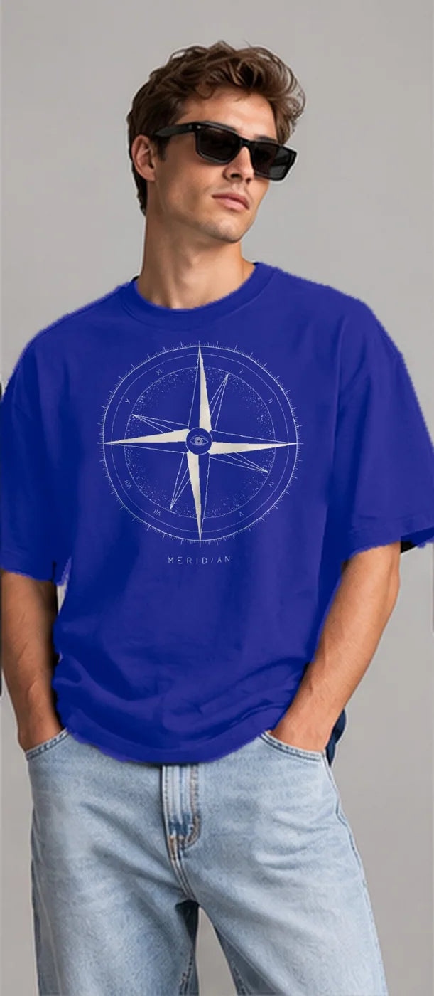 Model wearing the Oztra Meridian tee in royal blue