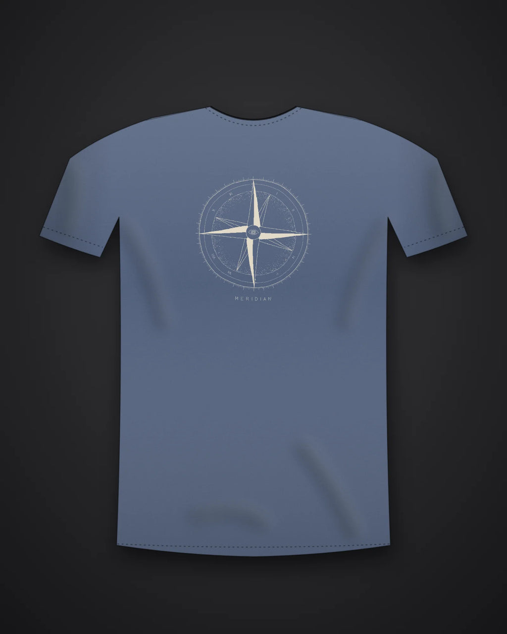 Oztra Meridian slate blue tee, front view showing the Meridian print