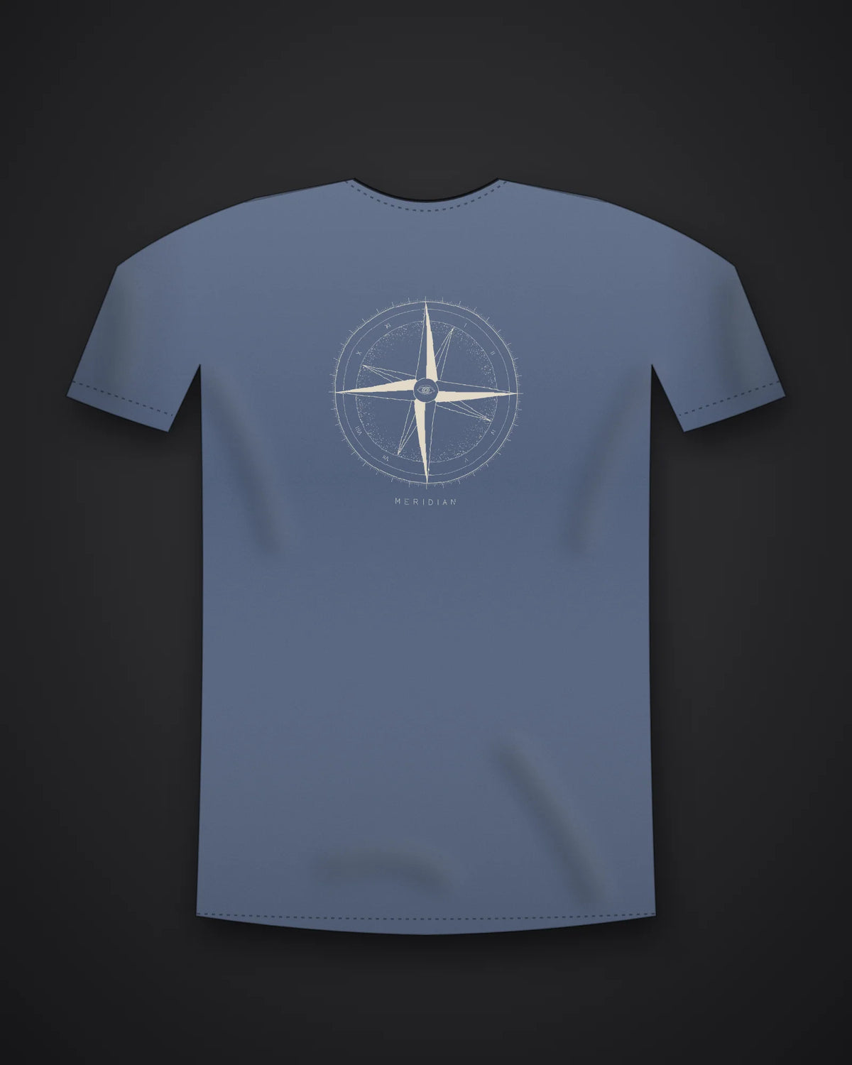 Oztra Meridian slate blue tee, front view showing the Meridian print