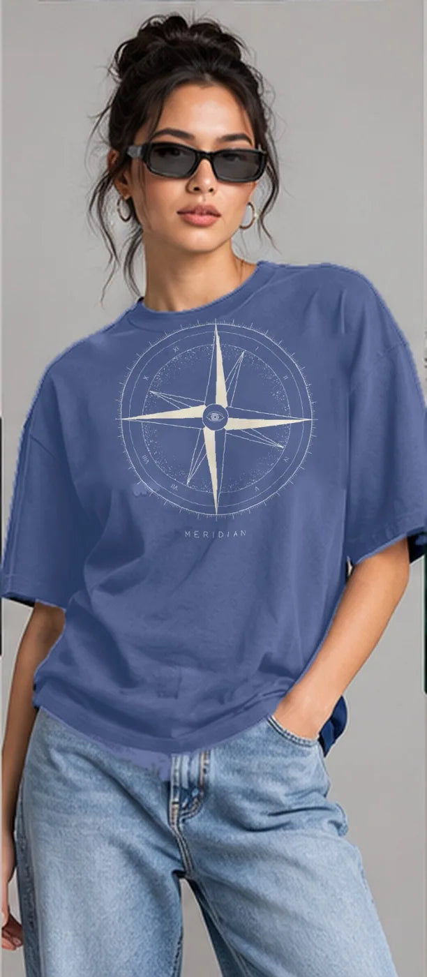 Model wearing the Oztra Meridian tee in slate blue