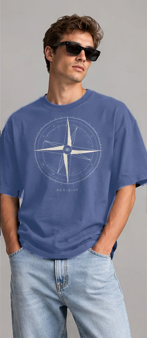 Model wearing the Oztra Meridian tee in slate blue