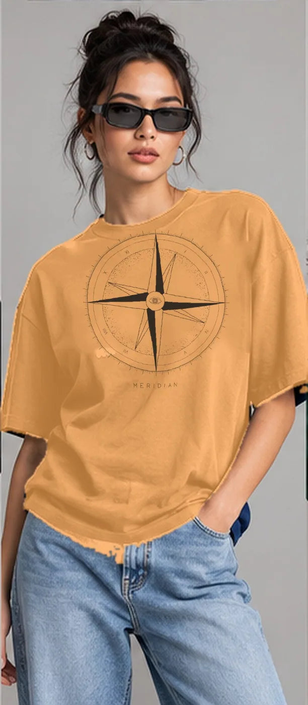 Model wearing the Oztra Meridian tee in tan