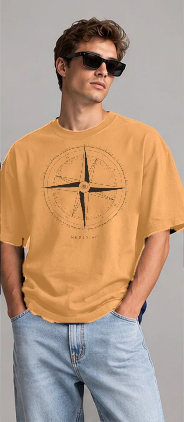 Model wearing the Oztra Meridian tee in tan