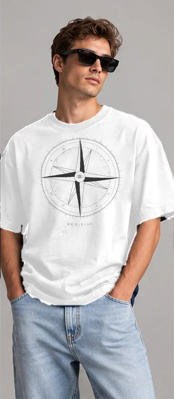 Model wearing the Oztra Meridian tee in white