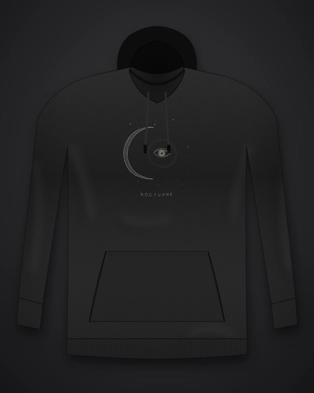 Oztra Nocturne black hoodie, front view showing the Nocturne print
