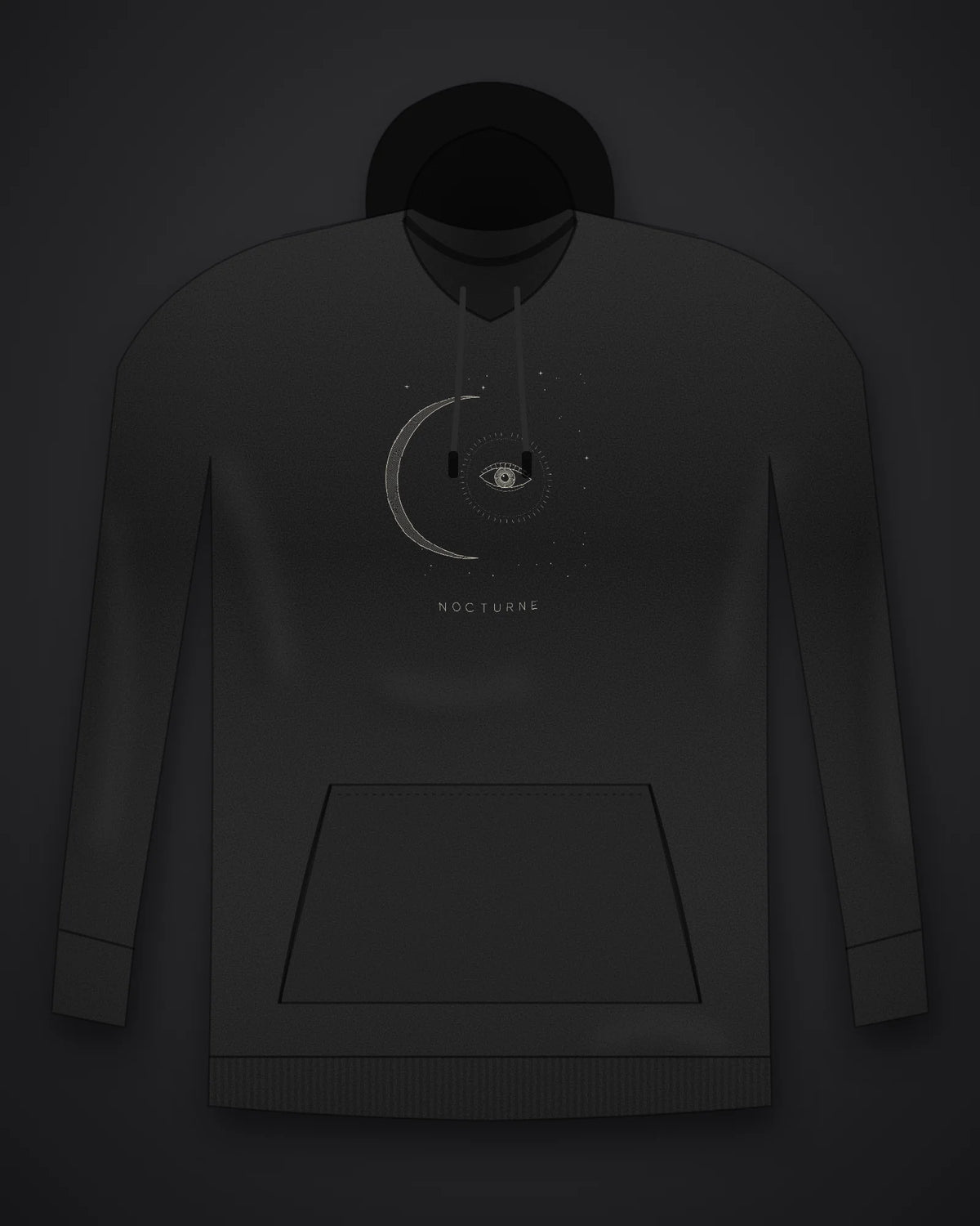 Oztra Nocturne black hoodie, front view showing the Nocturne print