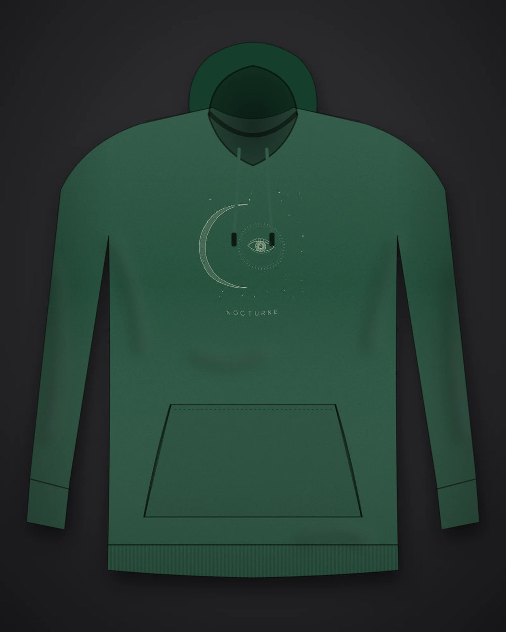 Oztra Nocturne bottle green hoodie, front view showing the Nocturne print