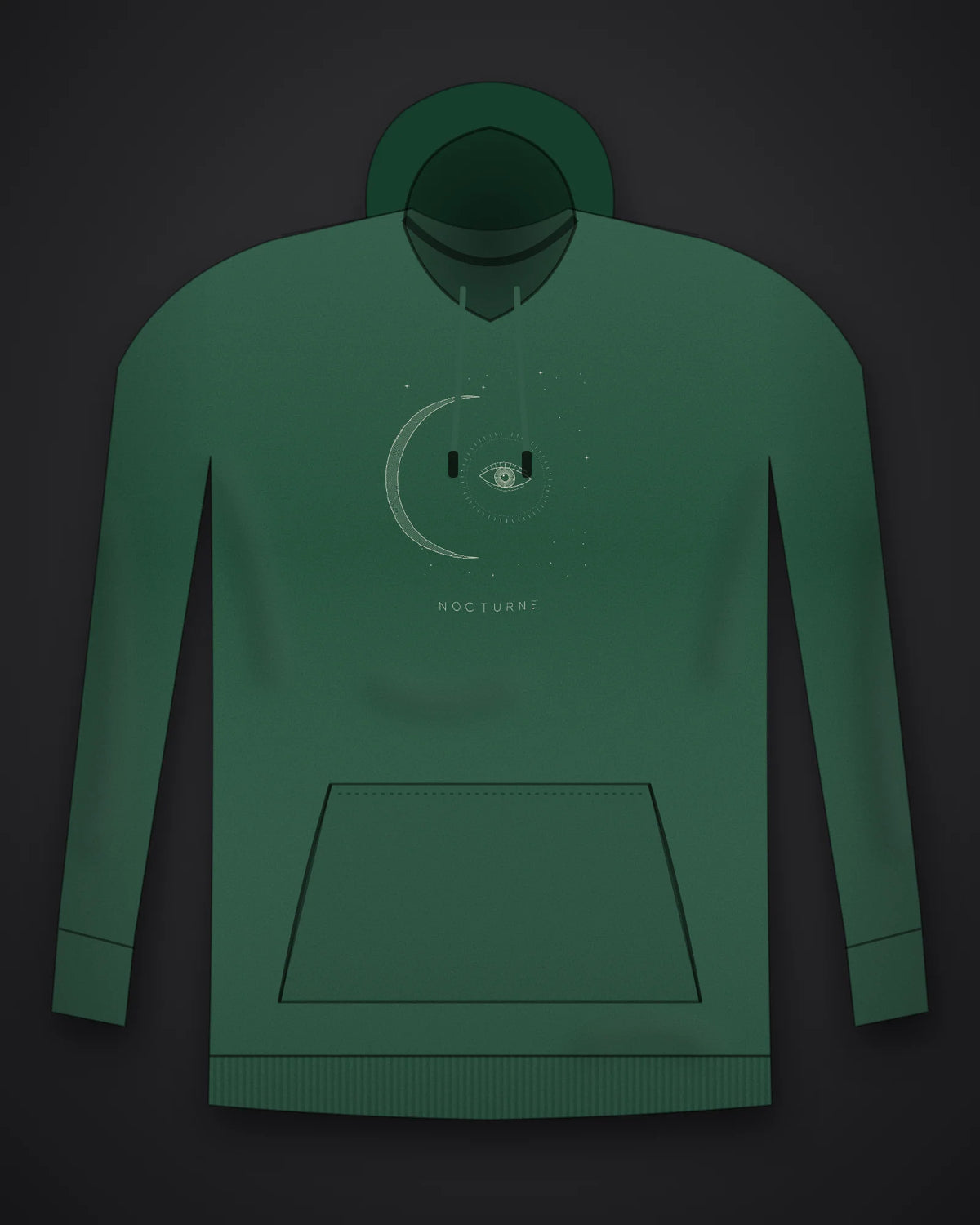 Oztra Nocturne bottle green hoodie, front view showing the Nocturne print