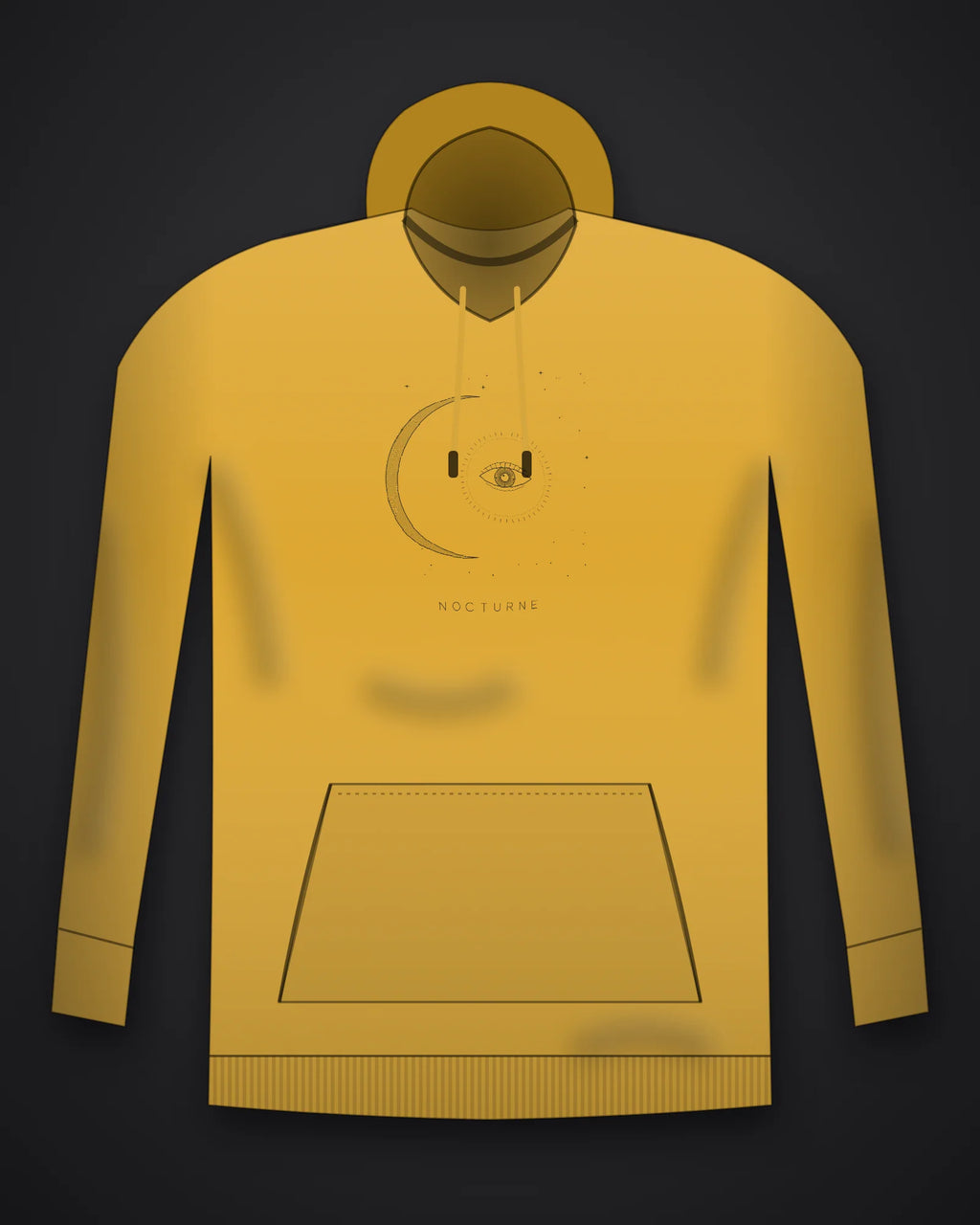 Oztra Nocturne mustard hoodie, front view showing the Nocturne print