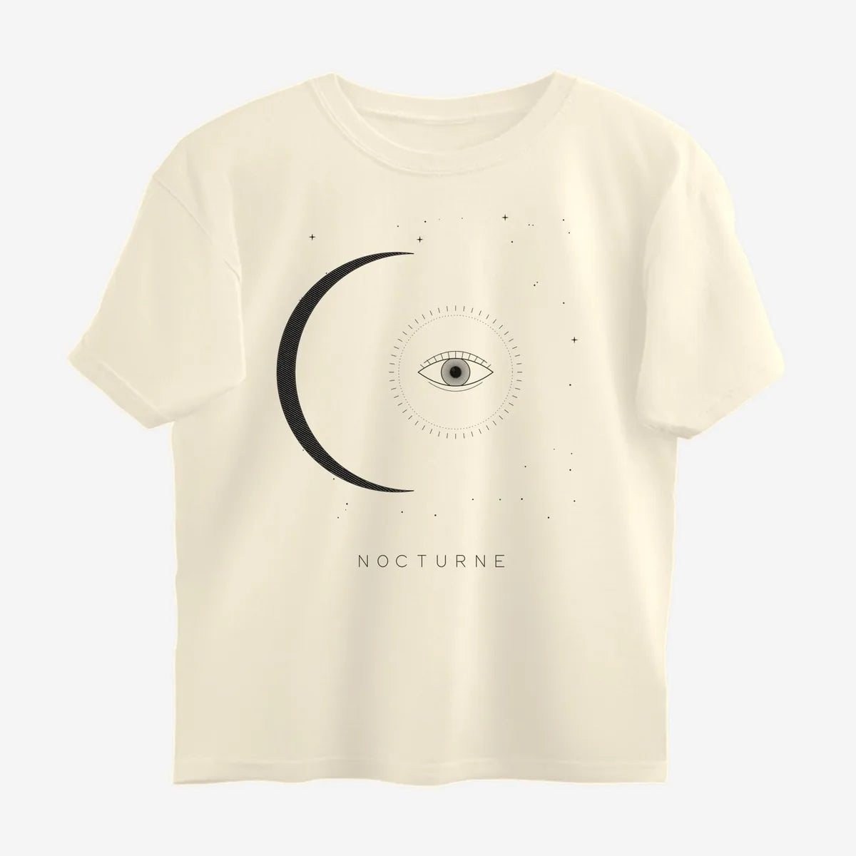 Oztra Nocturne beige oversized tee, front view showing the Nocturne print
