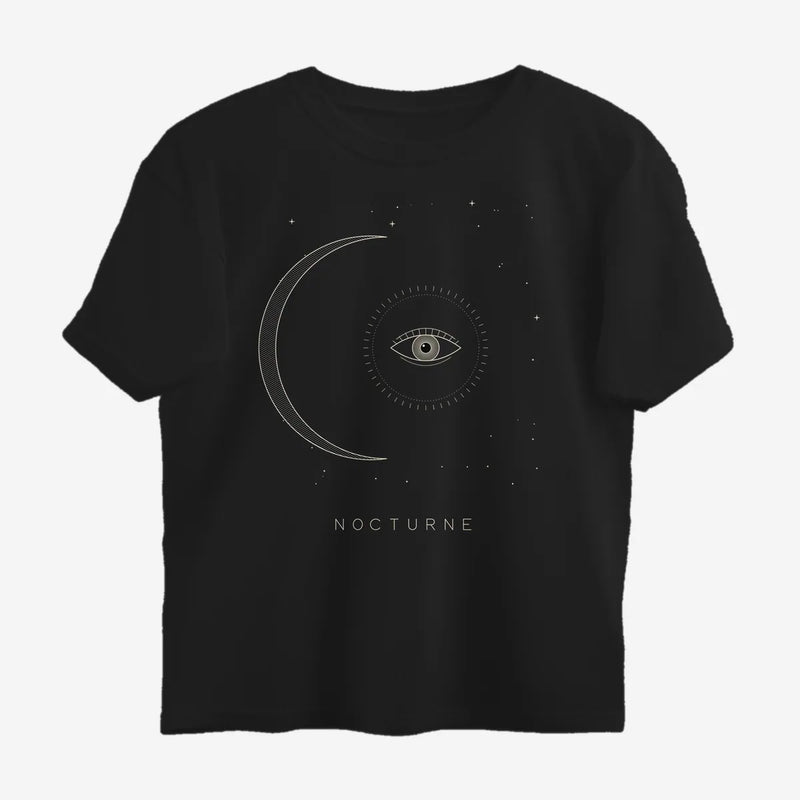 Oztra Nocturne black oversized tee, front view showing the Nocturne print