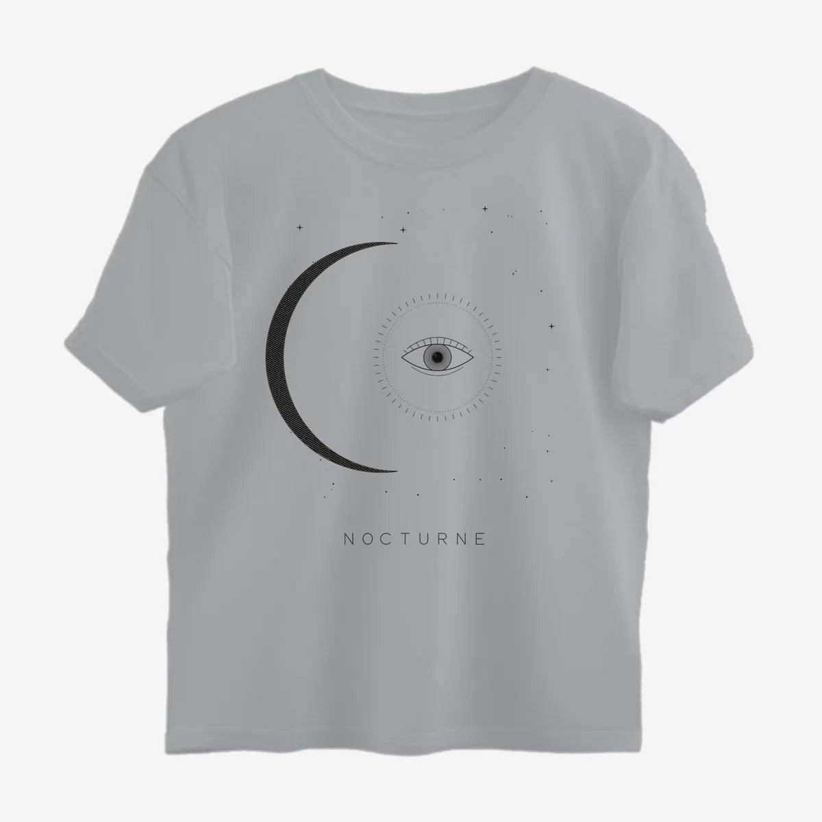 Oztra Nocturne grey melange oversized tee, front view showing the Nocturne print