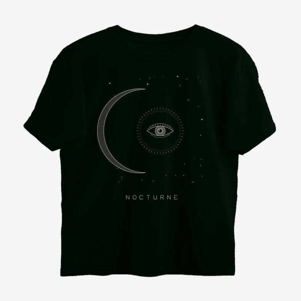 Oztra Nocturne jet black oversized tee, front view showing the Nocturne print