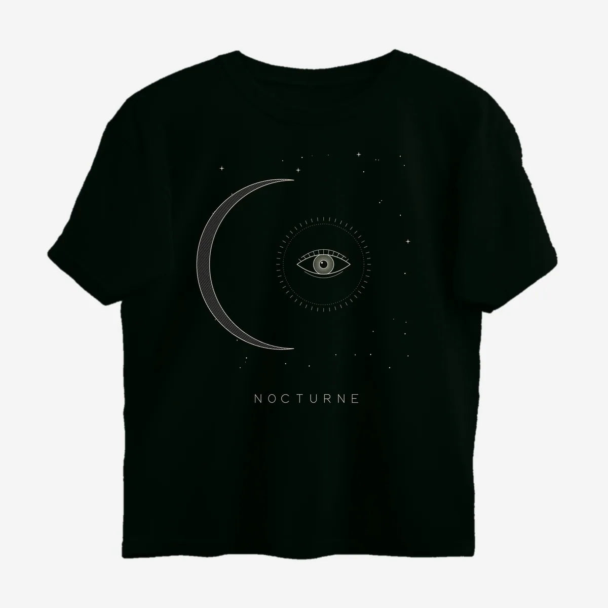 Oztra Nocturne jet black oversized tee, front view showing the Nocturne print