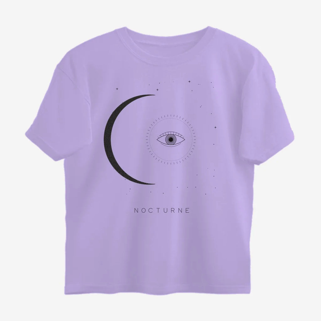 Oztra Nocturne lavender oversized tee, front view showing the Nocturne print
