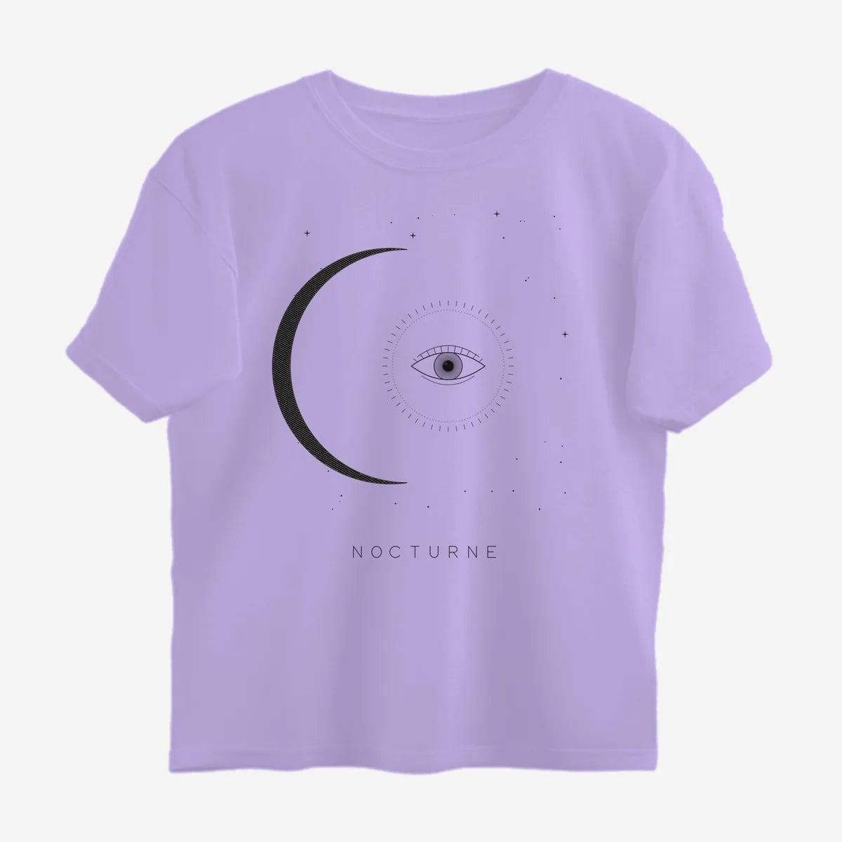 Oztra Nocturne lavender oversized tee, front view showing the Nocturne print