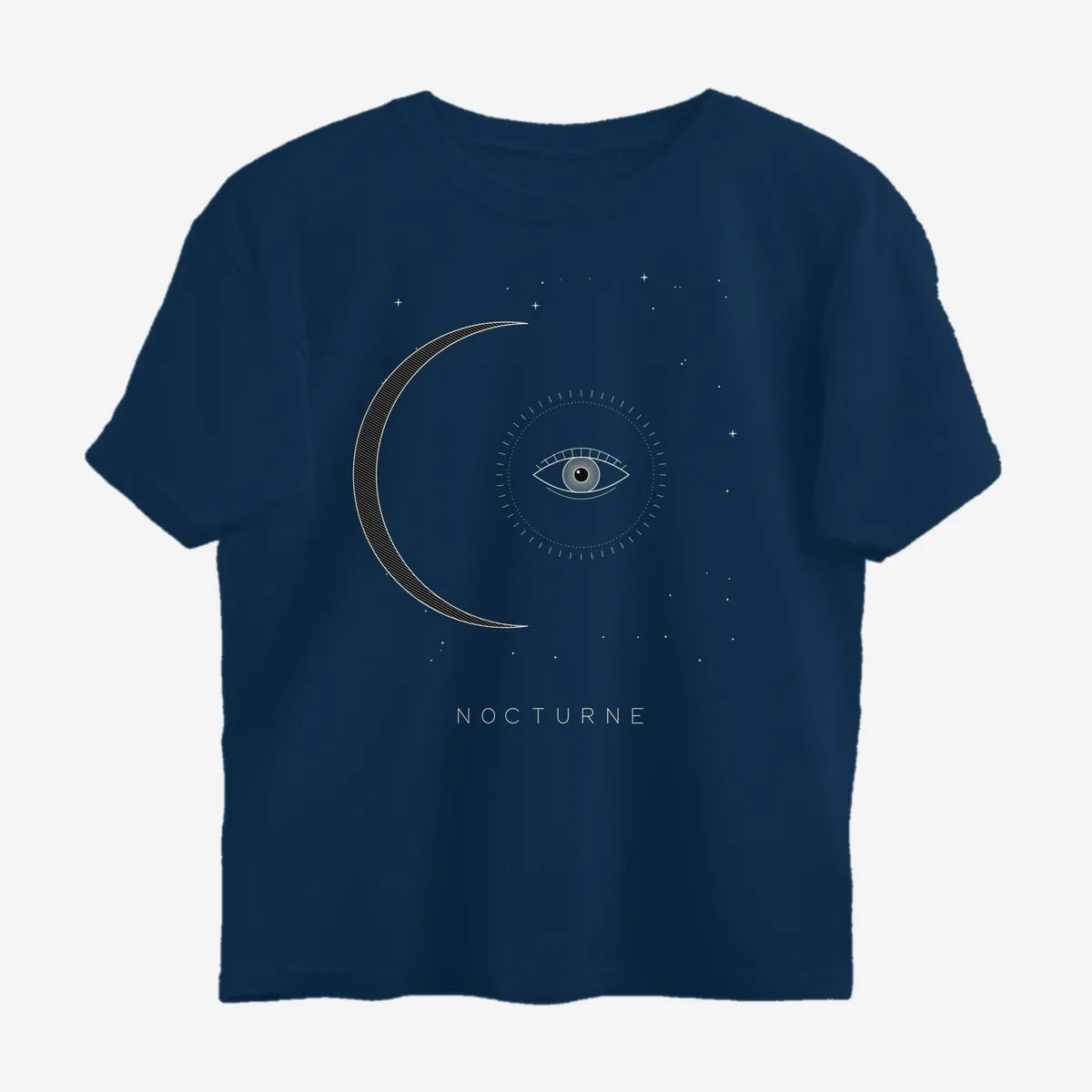Oztra Nocturne navy oversized tee, front view showing the Nocturne print